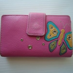 Genuine Leather Pink Wallet Button Butterfly Size-5.5x3 in